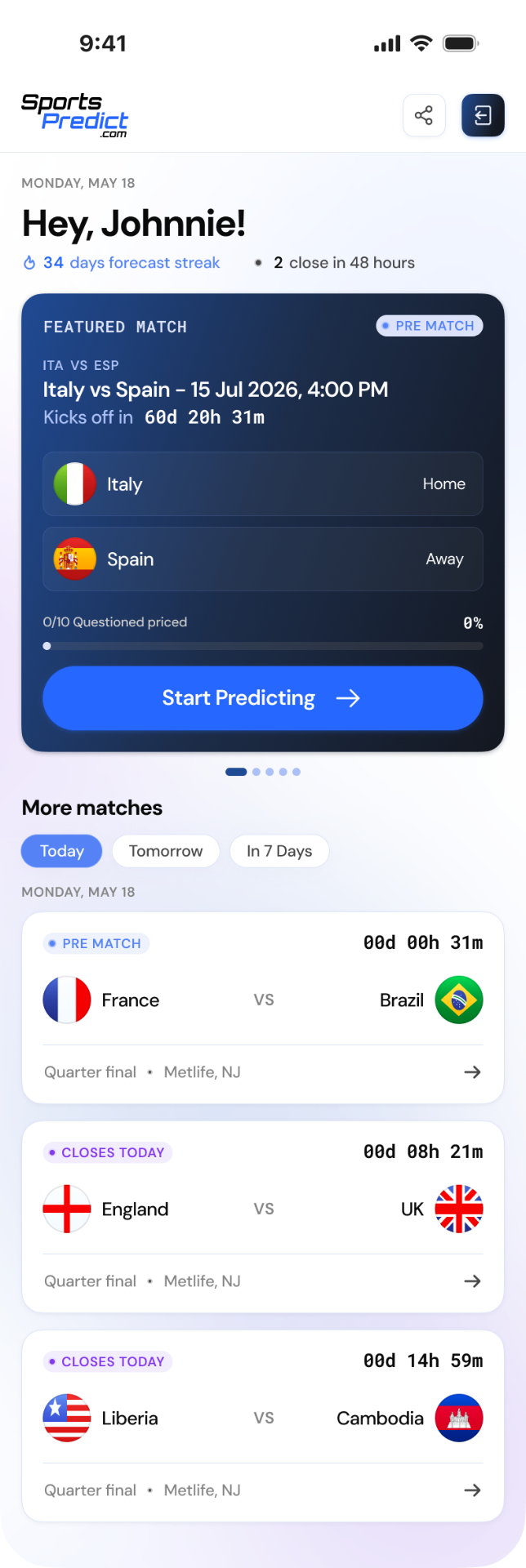 SportsPredict app home screen showing the featured Italy vs Spain match